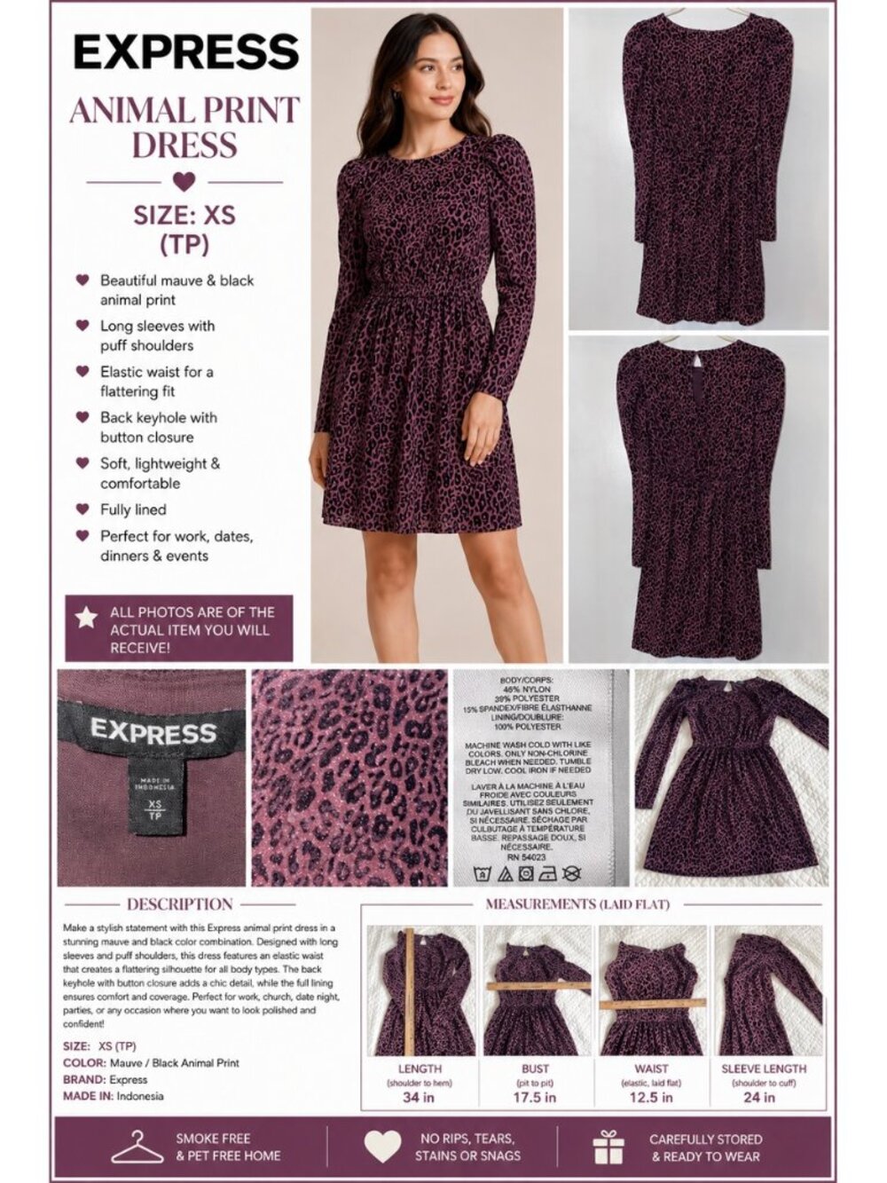 Express XS Mauve & Black Velvet Animal Print Dress | Long Sleeve Lined Mini